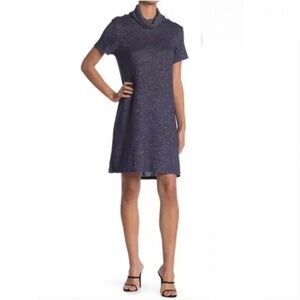 Bobeau Cowl Neck with Built in Face Cover Navy Blue Midi Dress NWT Size Medium
